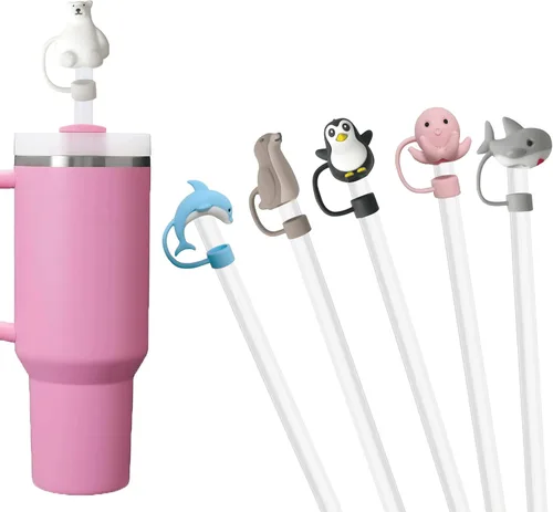 Vista 4 de 6 fundas de paja de animales marinos para copa Stanley, 0.394 in, 0.4 pulgadas, silicona para copas Stanley de 30 y 40 onzas, tapas reutilizables a