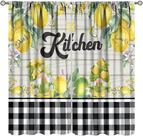 Vista 9 de Cortinas de cocina estilo retro, 2 paneles con bolsillo para cortinero, decoración de dormitorio, cocina, cafetería, 42 pulgadas de ancho x 45