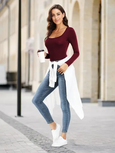 Vista 2 de JUEYUN Body de manga larga con cuello cuadrado para mujer, ajustado, sexy, básico, para mujer