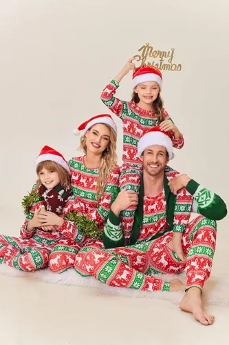 Vista 2 de Ekouaer Conjunto de pijamas familiares de Navidad a juego de manga larga para parejas, pijamas navideñas para mujeres, hombres, niños y niñas