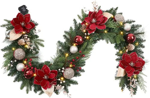 Vista 7 de SHareconn Guirnalda de Navidad preiluminada de 8.9 pies con luces LED multicolor, temporizador que funciona con pilas, incluye bola de flor