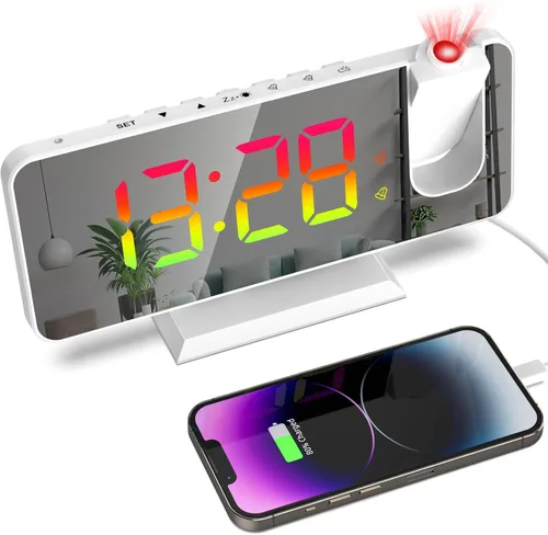 Vista 9 de Reloj despertador de proyección para techo de dormitorio, proyector giratorio de 180°, espejo RGB de 7.4 pulgadas, pantalla digital LED, alarma dual