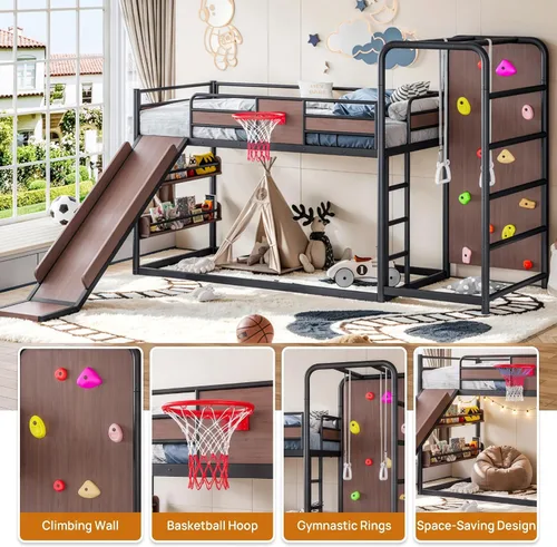 Vista 3 de Polibi Twin Metal Loft Bunk Bed with Basketball Hoop, Slide, Climbing Wall Loft Bed With Climbing Wall, Slide, Rings, And Bookshelves. A Fun Black