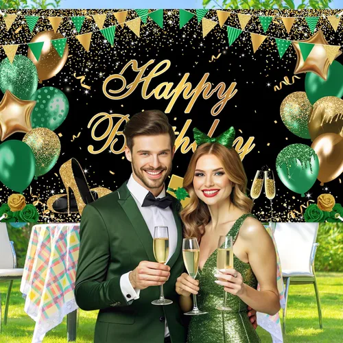Vista 3 de Avezano Cartel verde de feliz cumpleaños verde dorado negro telón de fondo de feliz cumpleaños con purpurina decoración de fiesta de cumpleaños