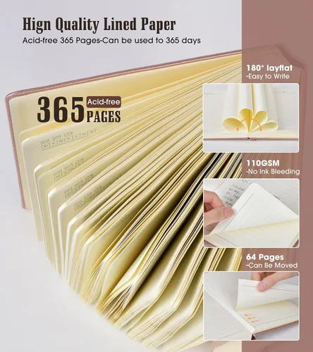 Vista 3 de Cuaderno rayado, 365 páginas B5, diarios grandes para escribir cuaderno a rayas, diarios de cuero de tapa dura rosa para mujeres y hombres, cuaderno