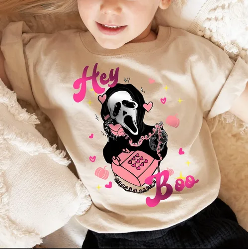 Vista 3 de Hey boo - Camisa de Halloween de película de miedo, camisa de Halloween para niños, camisa espeluznante y linda para niña, disfraz de Halloween