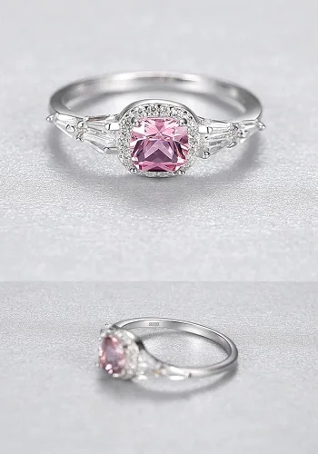Vista 4 de Anillo de plata de ley 925 con circonita cúbica y halo de morganita simulada para mujer, circonita cúbica, corte cuadrado, piedra preciosa rosa nano