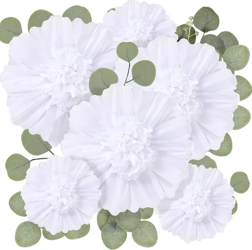 Vista 10 de Lincia 40 piezas de flores gigantes de papel y hojas artificiales de eucalipto, flores de papel grandes para decoración de pared, hojas sintéticas