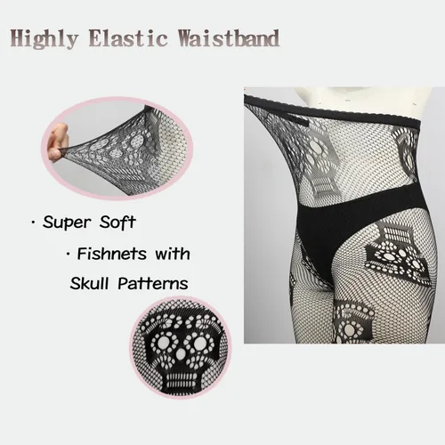 Vista 4 de Benefeet Sox Medias de red negras de cintura alta para mujer, medias de malla sexy con patrón blanco, calaveraflorcorazón