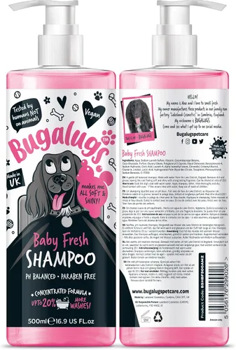 Vista 2 de BUGALUGS Baby Fresh - Champú para perros de 16.85 onzas líquidas, producto de aseo para perros malolientes con aroma a polvo de bebé, el mejor