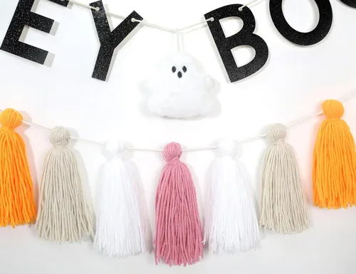 Vista 9 de Hey Boo - Pancarta con borlas de fantasma, pancarta de borla de fantasma para Halloween, decoración del hogar de Halloween, pancarta de fantasma
