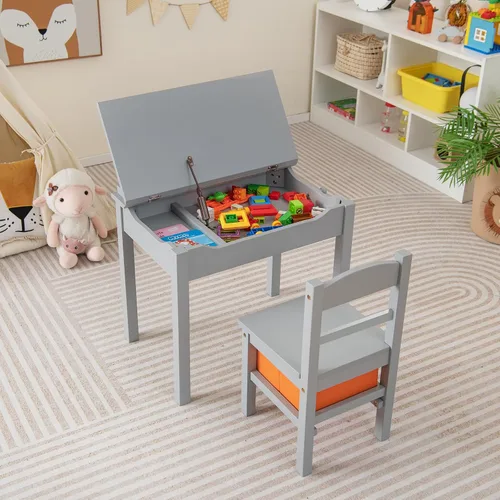 Vista 8 de Costzon - Juego de mesa y silla para niños, escritorio de estudio para niños con tapa abatible para sala de juegos y guardería, juego de mesa