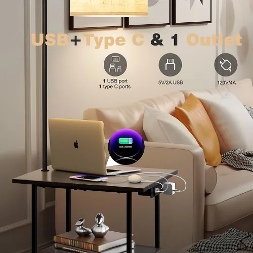 Vista 2 de PESRAE Lámpara de pie con mesa, lámparas para mesita de noche con estación de carga (USB y tipo C y puerto de CA), bombilla LED de 3 temperaturas