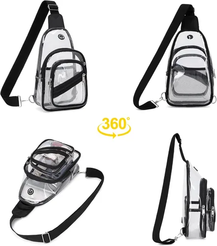 Vista 8 de Bolsa transparente para eventos en estadios, mochila transparente para mujer, impermeable, de PVC, cangurera cruzada para conciertos