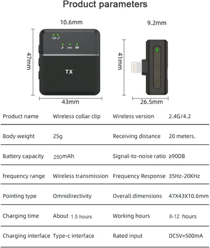 Vista 5 de Micrófono Lavalier SX8 para iPhone (1 receptor + 2 transmisores) Radio HD de larga duración para doble grabación de Vlog/Live/Video