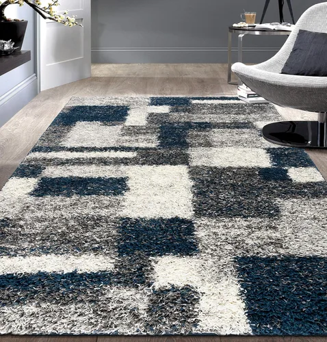 Vista 9 de Rugshop Alfombra de felpa de cuadros modernos desgastados azul marino, no desprende pelusa, suave para sala de estar, comedor y oficina, 7 pies 10