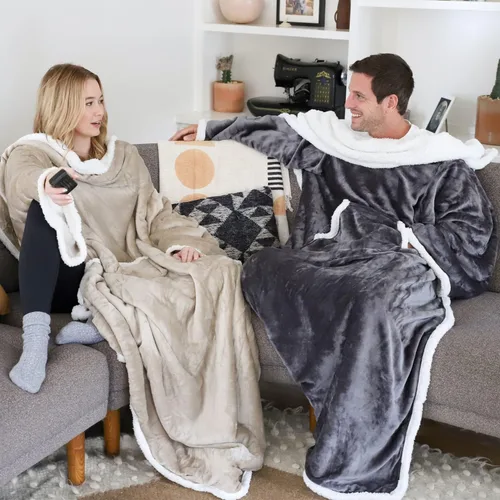 Vista 2 de Catalonia - Manta de forro polar tipo sherpa con mangas y bolsillo, microfelpa abrigada y cómoda para ver TV, manta para adultos, mujeres y hombres