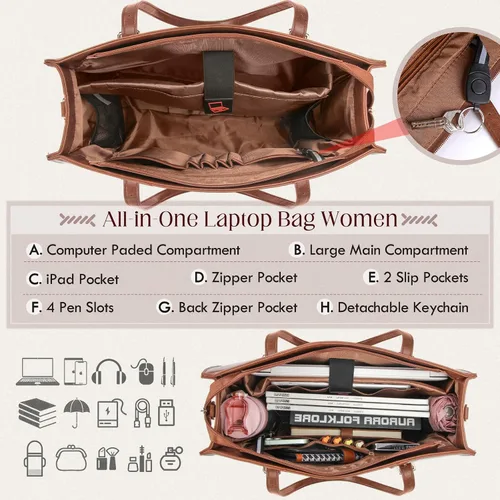 Vista 5 de RAINSMORE Bolsa para Laptop para Mujeres, Bolsa Tote para Laptop de 15.6 Pulgadas de Cuero PU Bolsa de Trabajo para Computadora Ligera Bolsos