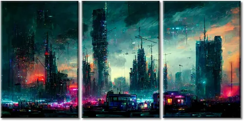 Vista 43 de Cuadros de 3 paneles de Cyberpunk City - Arte de pared de vallas publicitarias de edificios modernos en la capital con obras de arte modernas
