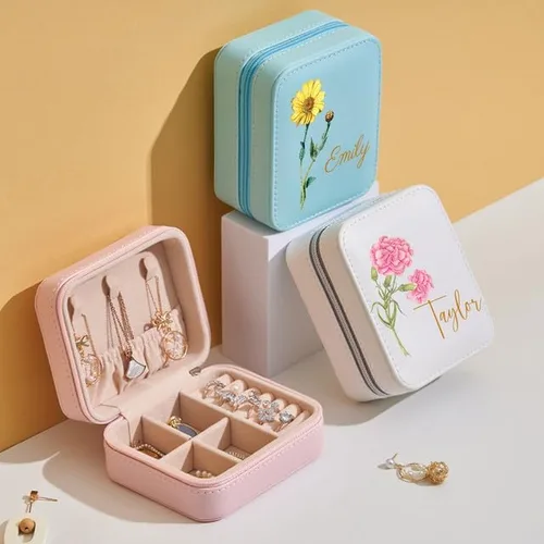 Vista 2 de Caja organizadora de joyas de viaje personalizada, cajas de regalo portátiles personalizadas con nombre, con iniciales, regalos de dama de honor