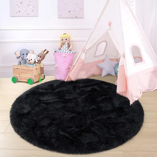 Vista 4 de junovo - Alfombra redonda y esponjosa para niños y niñas, de castillo de princesa, de felpa lanuda, para dormitorio, habitación de bebé, sala