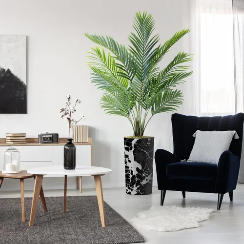 Vista 7 de Árbol artificial con diseño de hojas blancas y negras, palmera tropical areca artificial de seda para decoración del hogar en interiores y Diseño