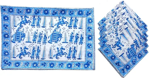 Vista 20 de Juego de 6 manteles individuales 100 % algodón estilo indio para mesa de comedor y servilletas (azul 1)