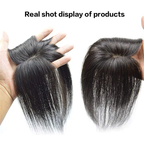 Vista 2 de Decoración de cabello humano real para mujer, base de seda, clip en la parte superior de las piezas de pelo para cubrir el cabello blanco, cinta