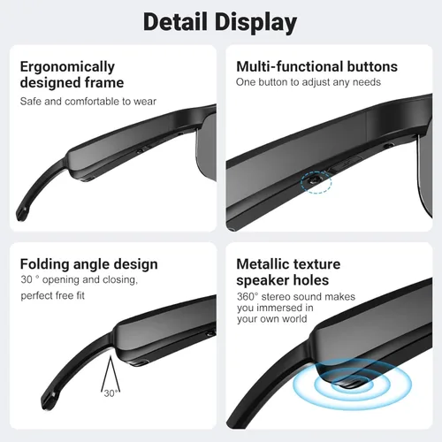 Vista 6 de Lentes inteligentes, lentes de sol polarizados Bluetooth con micrófono y altavoces integrados, oreja abierta, asistente de voz, protección UV