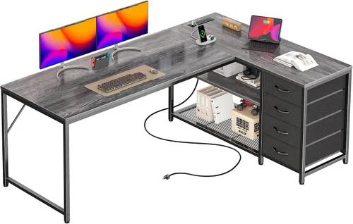 Vista 16 de PRAISUN Escritorio pequeño para computadora de 43.3 pulgadas con tomas de corriente y puerto USB-C, escritorio esquinero reversible en forma de L