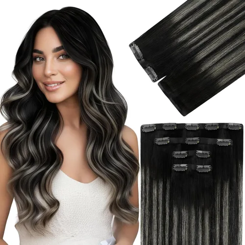 Vista 13 de Ve Sunny Extensiones de cabello clip-in de cabello humano real con reflejos, extensiones de cabello con clip para cabello corto, marrón oscuro