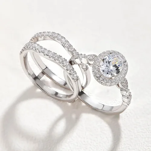 Vista 3 de Newshe Jewellery Juego de anillos de compromiso ovalados para mujer AAAAA con circonita cúbica 925 de plata de ley 925, juego de anillos de novia