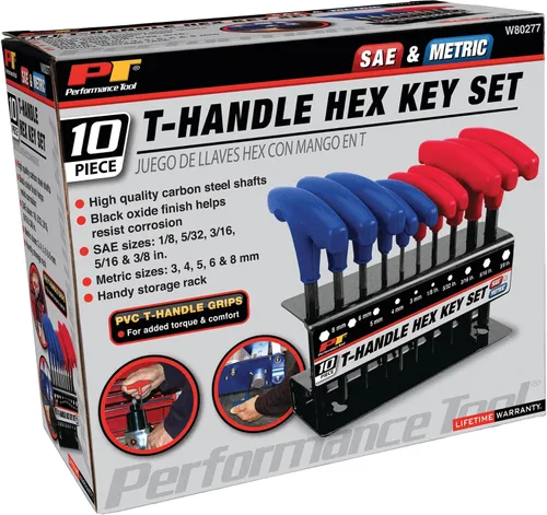 Vista 9 de Performance Tool W80277 Juego de 10 llaves Allen con mango en T SAE y métricas, juego de llaves hexagonales de brazo largo