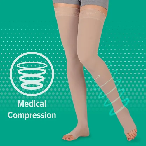 Vista 5 de Juzo Basic 4411 Medias de compresión hasta muslos de 20-30 mmHg, puntera abierta, regular Silicone border, quality medical compression stockings