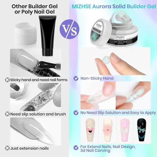 Vista 5 de MIZHSE Gel constructor sólido para uñas, 2 unidades de 1 onza de perlas de sirena y gel duro transparente con formas de uñas, molde 3D, remojado, U