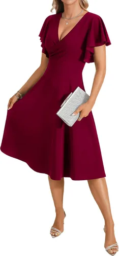 Vista 4 de LYANER Vestido midi acampanado de manga corta con volantes y cuello en V para mujer