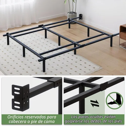 Vista 4 de Marco de cama de metal Queen de 7 pulgadas, base de cama de plataforma baja y resistente, tamaño Queen para somier y colchón, fácil montaje, sin