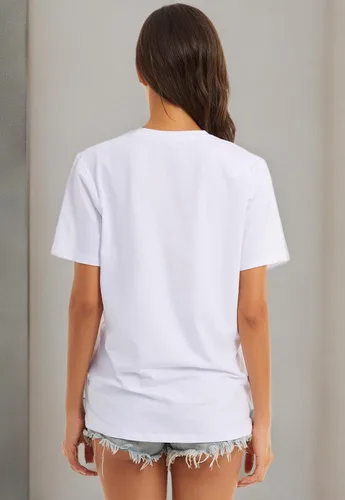 Vista 7 de LOVFEE Camiseta básica de algodón con cuello en V y manga corta para mujer, holgada, informal, camiseta de verano