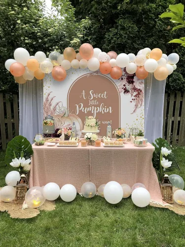 Vista 3 de Avezano Telón de fondo de calabaza para baby shower, estilo bohemio, pancarta de calabaza, otoño, Acción de Gracias, baby shower, 8 x 6 pies