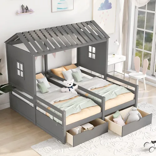 Vista 28 de Cama de madera maciza tamaño individual con techo, nido, 3 cajones de almacenamiento, sofá cama de plataforma para muebles de dormitorio, sala
