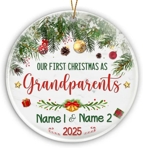 Vista 21 de Adorno personalizado para la primera Navidad del bebé 2025 con nombre personalizado, lindo oso en la luna, adornos redondos, regalo de primer