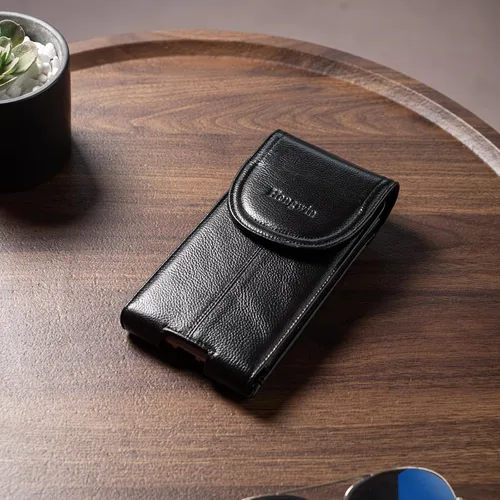 Vista 3 de Funda de cuero genuino para teléfono celular para cinturón de hombre, soporte vertical para teléfono, bolsa para cinturón para iPhone 15 Pro Max 14
