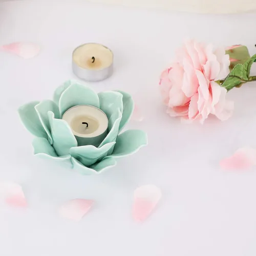 Vista 4 de OwnMy Portavelas de cerámica verde de flor de loto de 4.5 pulgadas para velas de té, portavelas de pétalo de loto para velas de té, soporte de vela