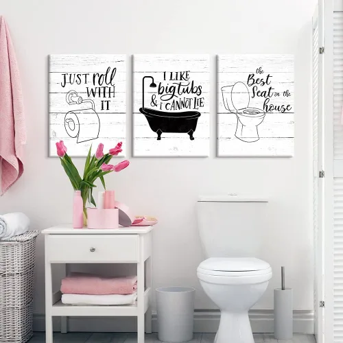 Vista 5 de Arte Gracioso de Baño en Lona para Pared en Blanco y Negro Juego de Inodoro y Tina Cartel Impreso en 3 Piezas Pintura de Citas de Baño Estilo Retro