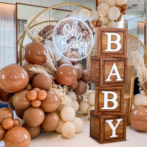 Vista 6 de Cajas de baby shower para decoraciones de cumpleaños – 4 cajas de globos de bebé de grano de madera marrón, cajas de bebé para decoración de centro
