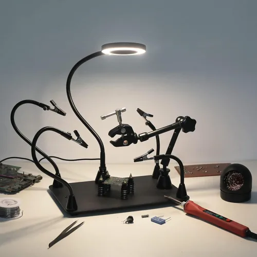Vista 2 de Helping Hands - Soporte magnético para placa de circuito de soldadura, herramientas de tercera mano con lámpara de aumento LED 3X, soporte