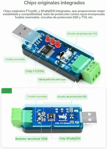 Vista 6 de Waveshare Convertidor USB a RS485 con circuitos de protección, compatible con televisores