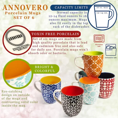 Vista 6 de Annovero Tazas, cuencos de postre Platos de cocina para servir Apto para horno microondas Vajilla de porcelana colorida