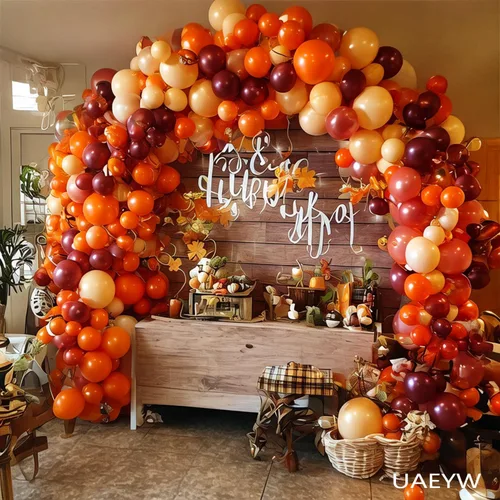 Vista 4 de Kit de arco de guirnalda de globos de Acción de Gracias de otoño, 138 unidades, globos de color naranja, rubor, borgoña, oro rosa, globos con hojas