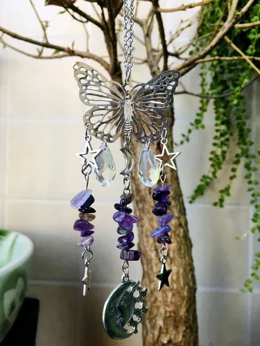 Vista 8 de Colgante de bola de prisma de cristal con diseño de mariposa para el hogar, jardín, decoración de coche